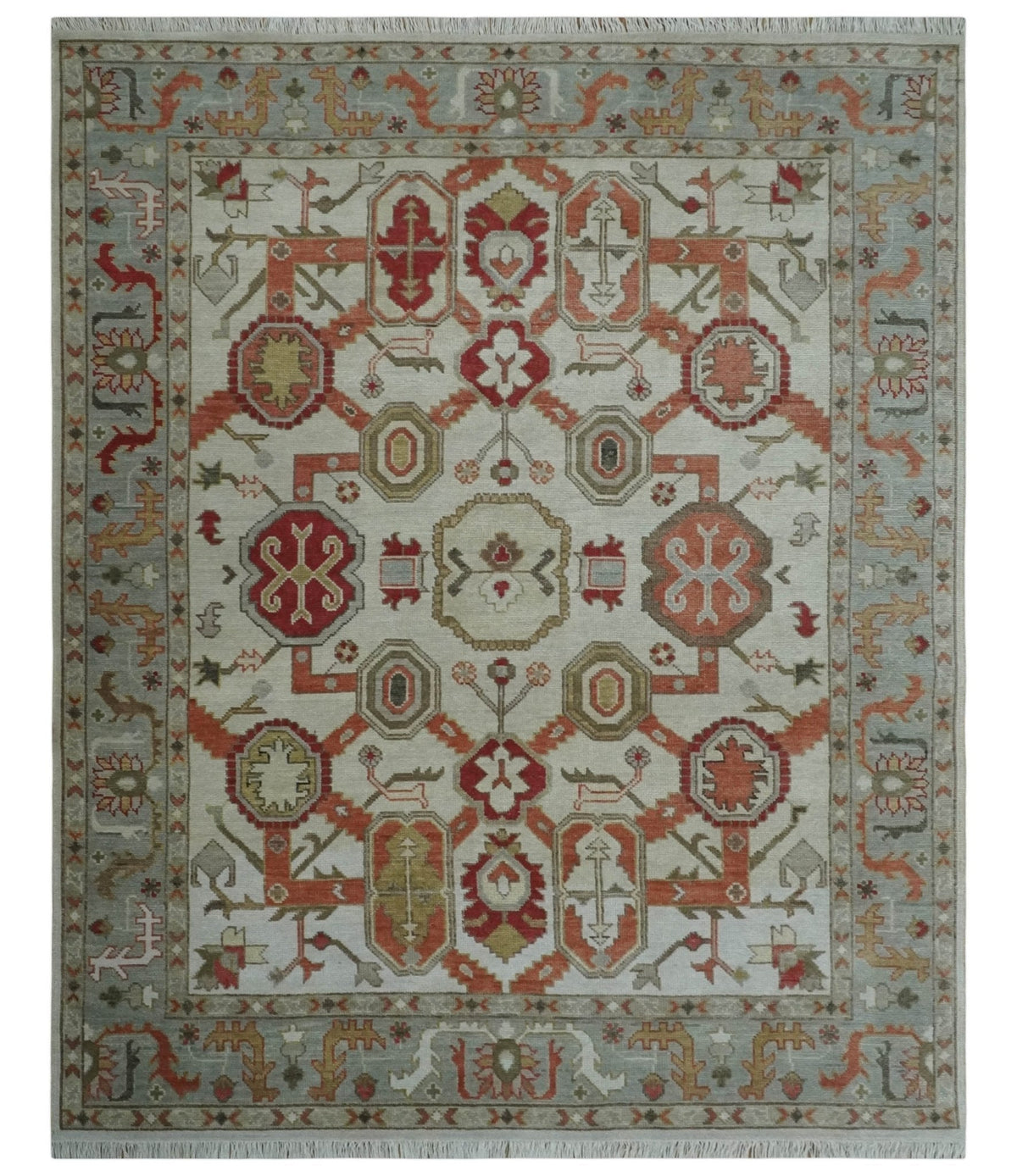 Custom Made Hand Knotted Ivory, Silver and Rust Traditional Wool Area Rug.