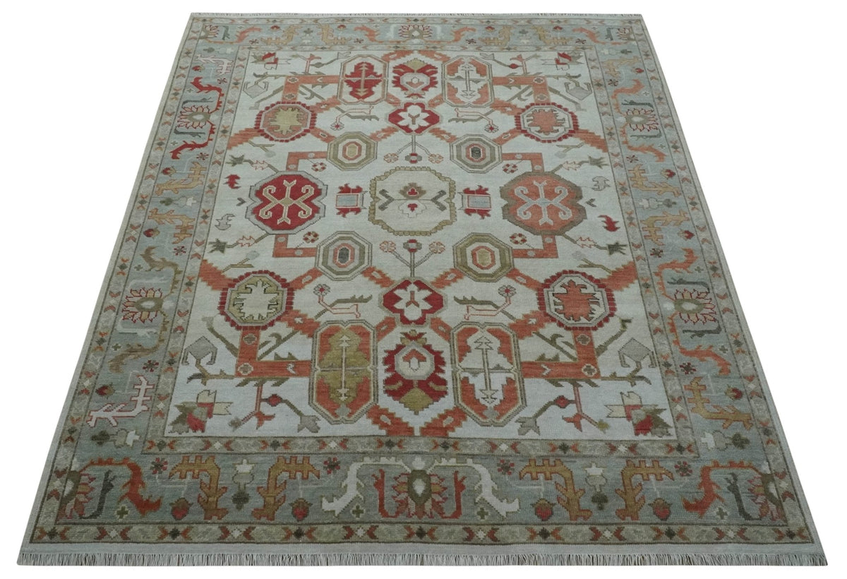 Custom Made Hand Knotted Ivory, Silver and Rust Traditional Wool Area Rug.