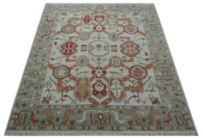 Custom Made Hand Knotted Ivory, Silver and Rust Traditional Wool Area Rug.