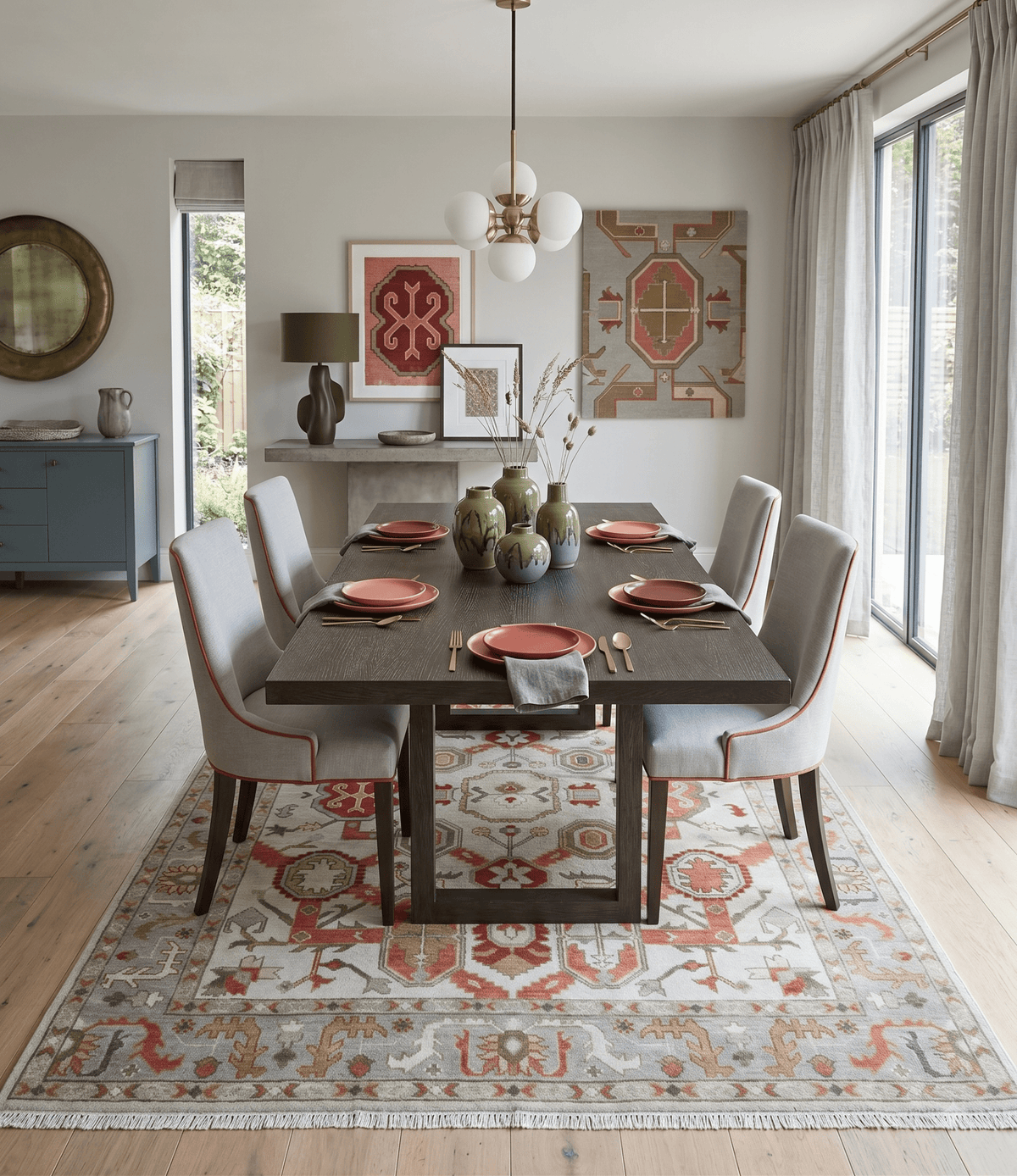 Custom Made Hand Knotted Ivory, Silver and Rust Traditional Wool Area Rug.