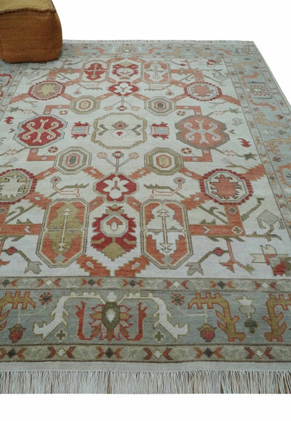 Custom Made Hand Knotted Ivory, Silver and Rust Traditional Wool Area Rug.