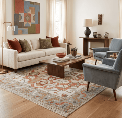 Custom Made Hand Knotted Ivory, Silver and Rust Traditional Wool Area Rug.