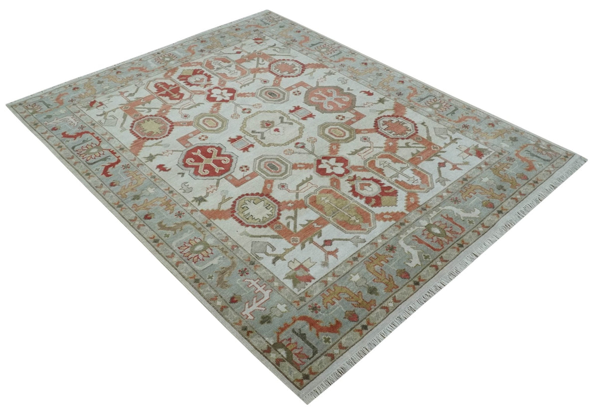 Custom Made Hand Knotted Ivory, Silver and Rust Traditional Wool Area Rug.
