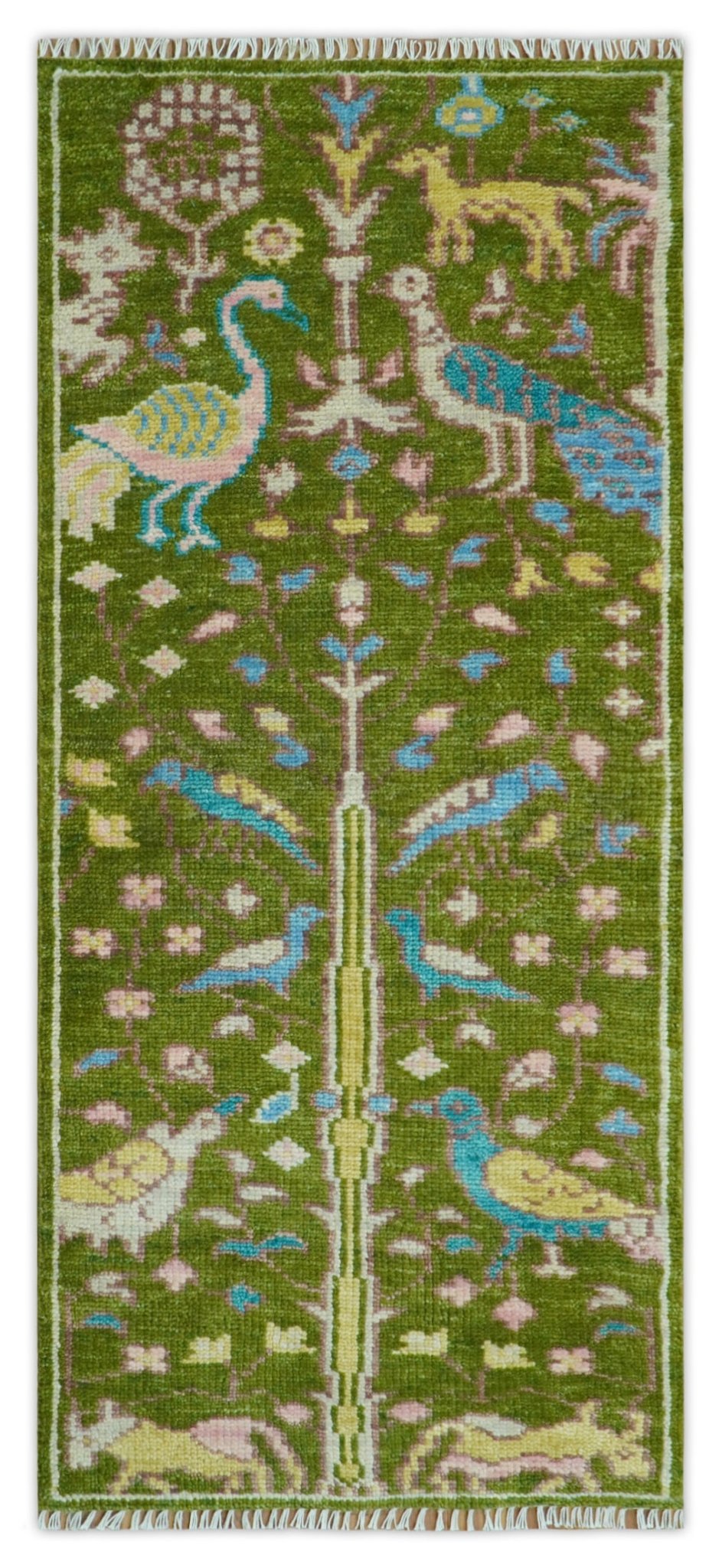 Custom Made Hand Knotted Jungle Life Peacock Green Runner Wool Rug.