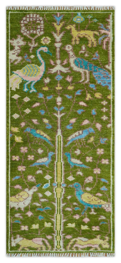 Custom Made Hand Knotted Jungle Life Peacock Green Runner Wool Rug.