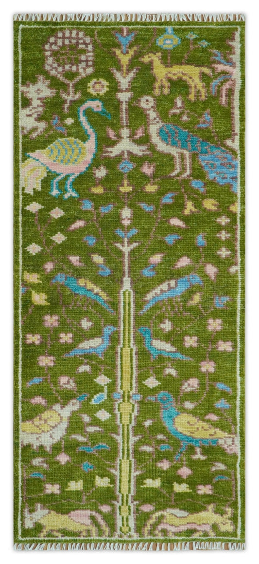 Custom Made Hand Knotted Jungle Life Peacock Green Runner Wool Rug.