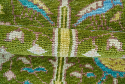 Custom Made Hand Knotted Jungle Life Peacock Green Runner Wool Rug.