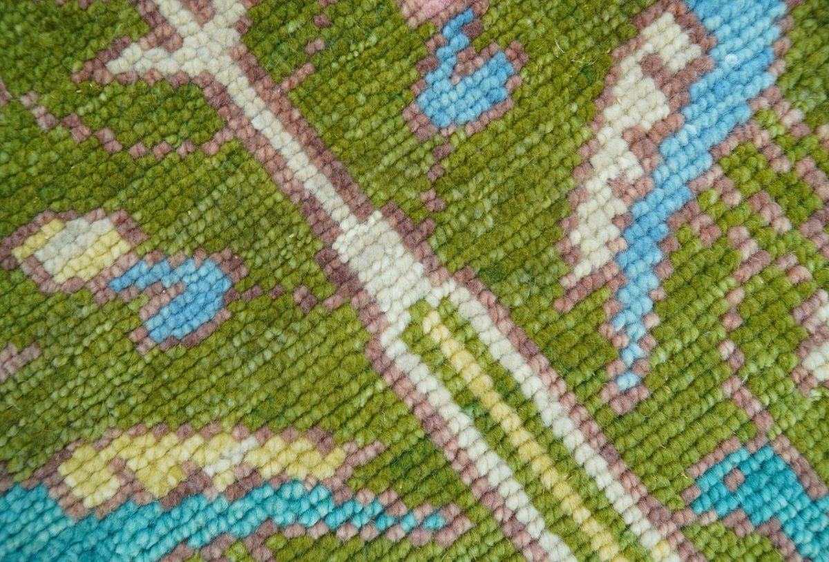 Custom Made Hand Knotted Jungle Life Peacock Green Runner Wool Rug.