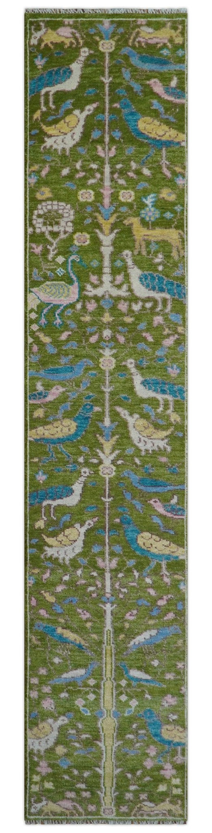 Custom Made Hand Knotted Jungle Life Peacock Green Runner Wool Rug.