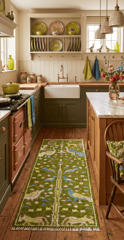 Custom Made Hand Knotted Jungle Life Peacock Green Runner Wool Rug.