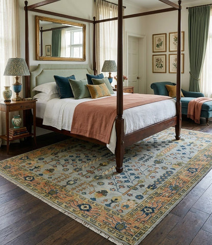 Custom Made Hand Knotted Living Room and Bedroom Rug Rust and Silver Traditional Turkish Style Wool Rug.