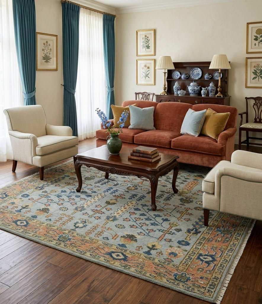 Custom Made Hand Knotted Living Room and Bedroom Rug Rust and Silver Traditional Turkish Style Wool Rug.
