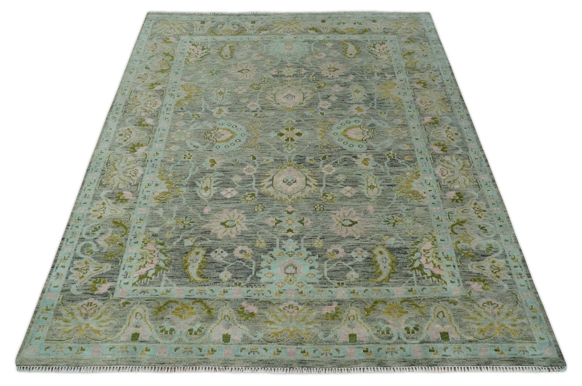 Custom Made Hand Knotted Moss Green Gray and Green Oriental Oushak Multi Size Traditional Wool Area Rug.