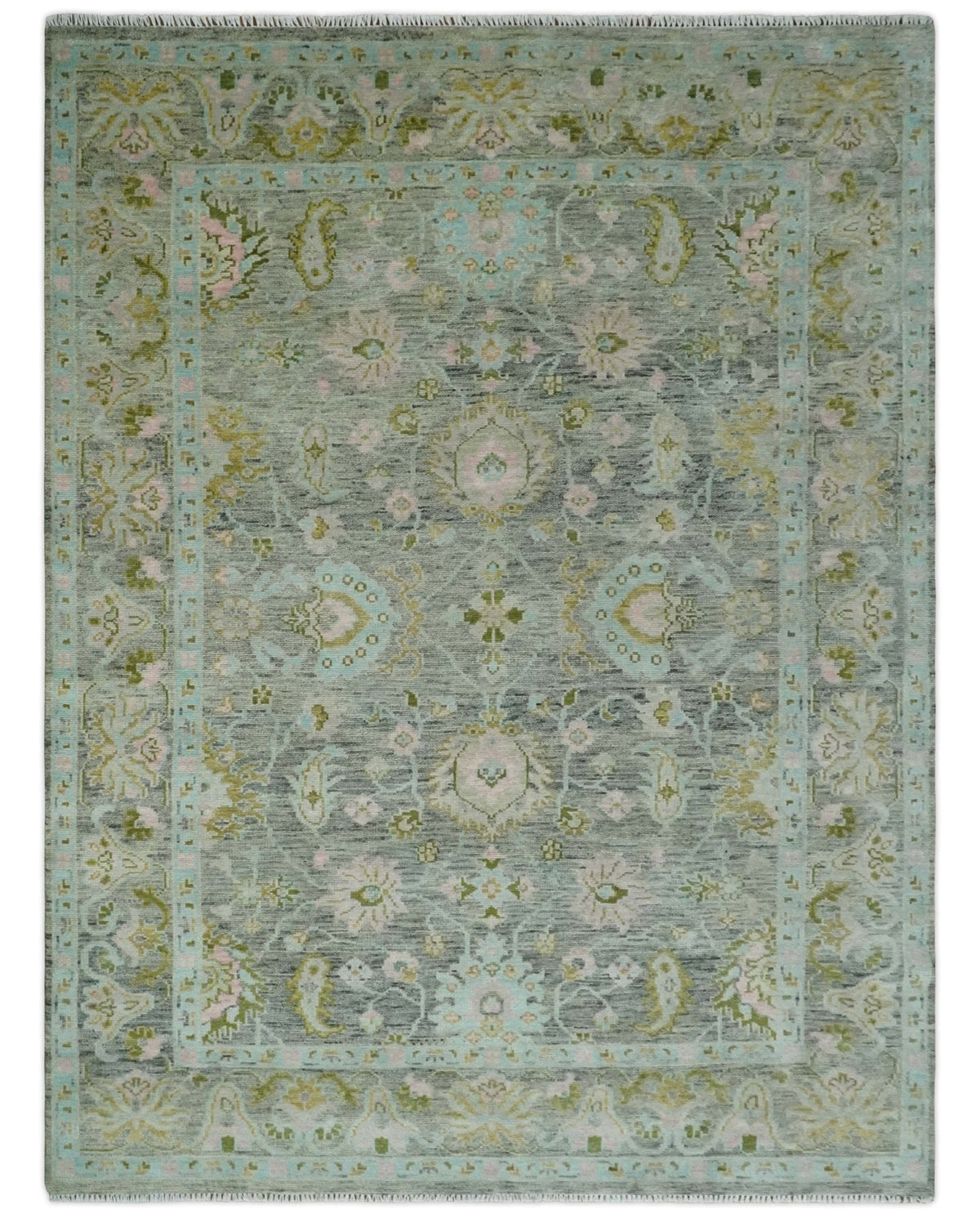 Custom Made Hand Knotted Moss Green Gray and Green Oriental Oushak Multi Size Traditional Wool Area Rug.