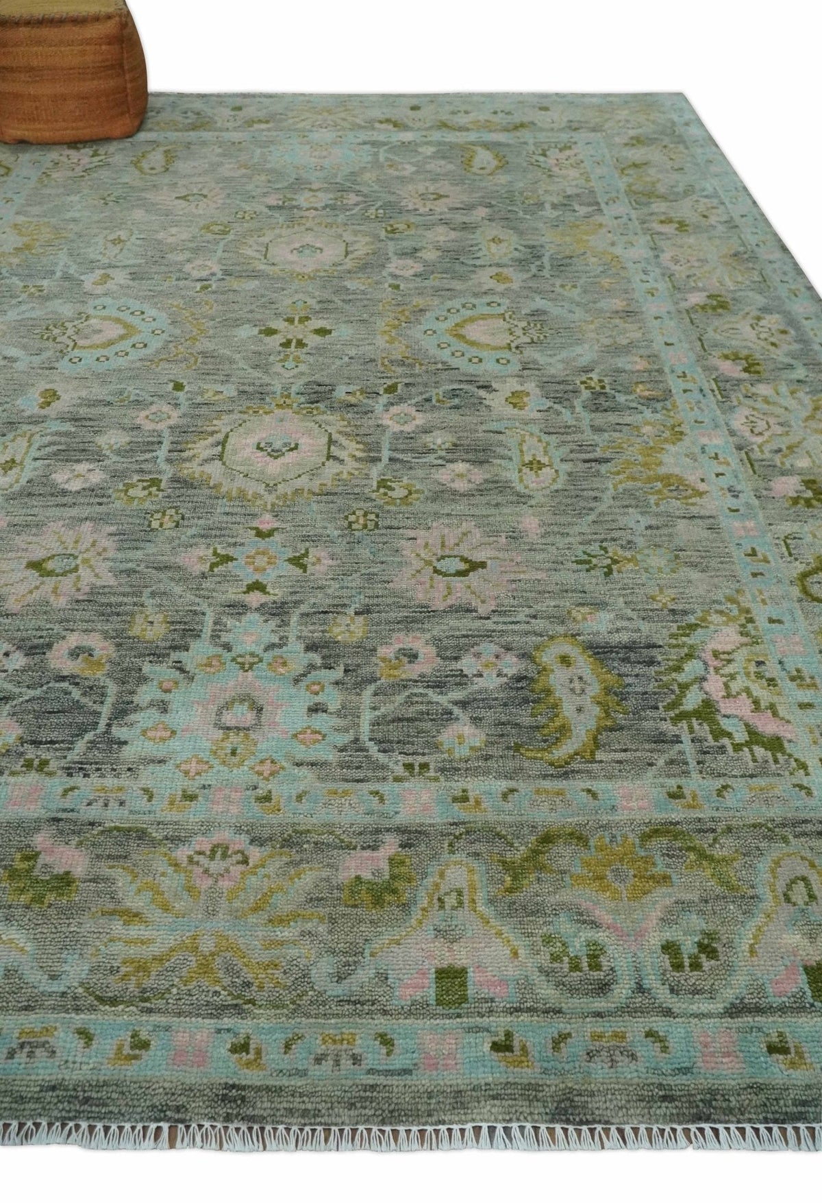 Custom Made Hand Knotted Moss Green Gray and Green Oriental Oushak Multi Size Traditional Wool Area Rug.