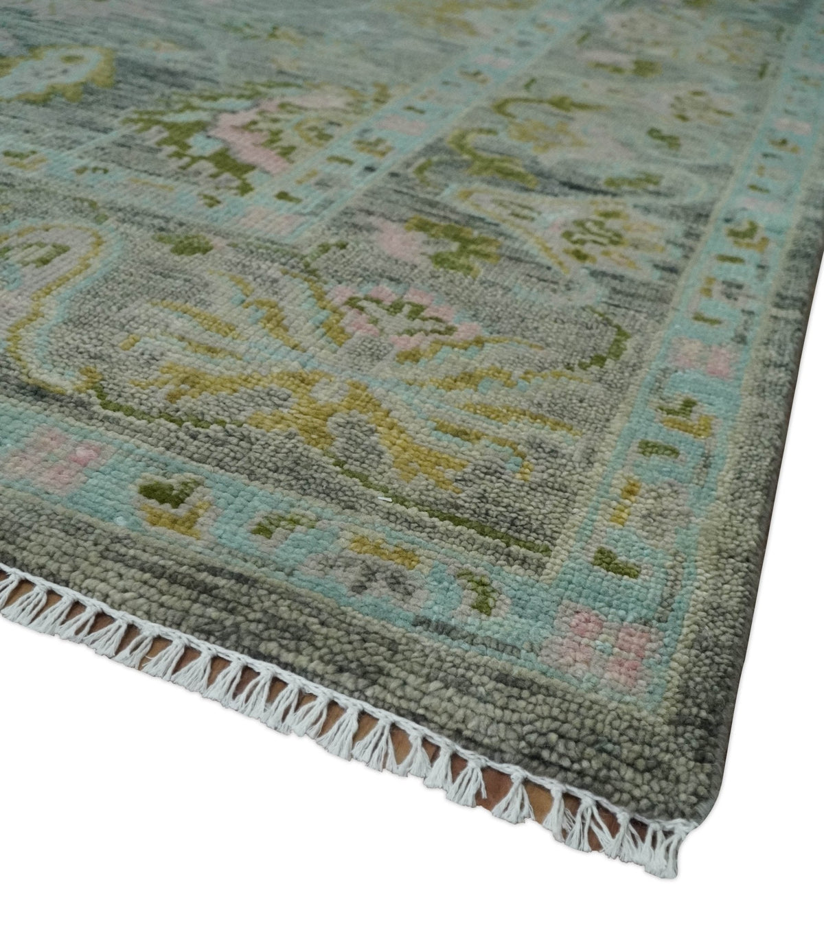 Custom Made Hand Knotted Moss Green Gray and Green Oriental Oushak Multi Size Traditional Wool Area Rug.