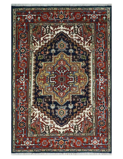 Custom Made Hand Knotted Multi Size Large Olive, Blue, Ivory and Rust Traditional Wool Rug.