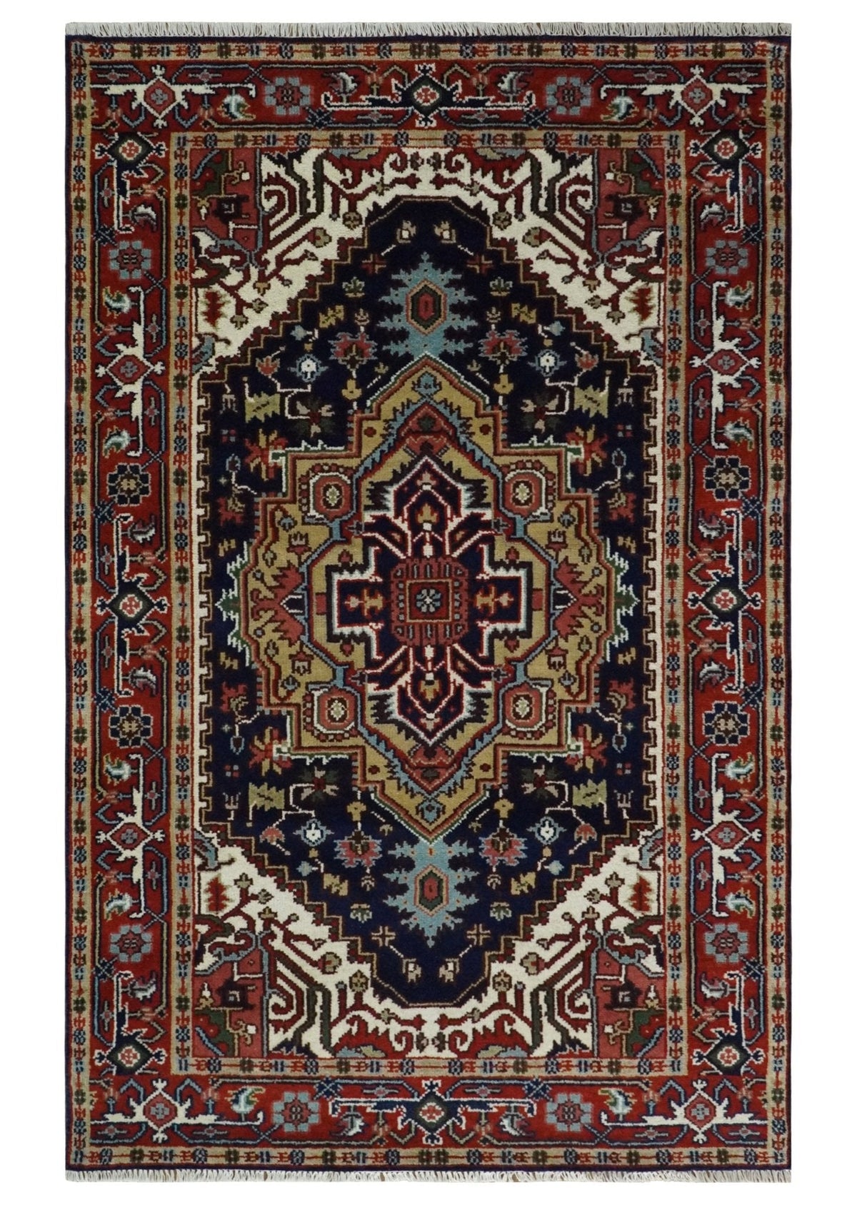 Custom Made Hand Knotted Multi Size Large Olive, Blue, Ivory and Rust Traditional Wool Rug.