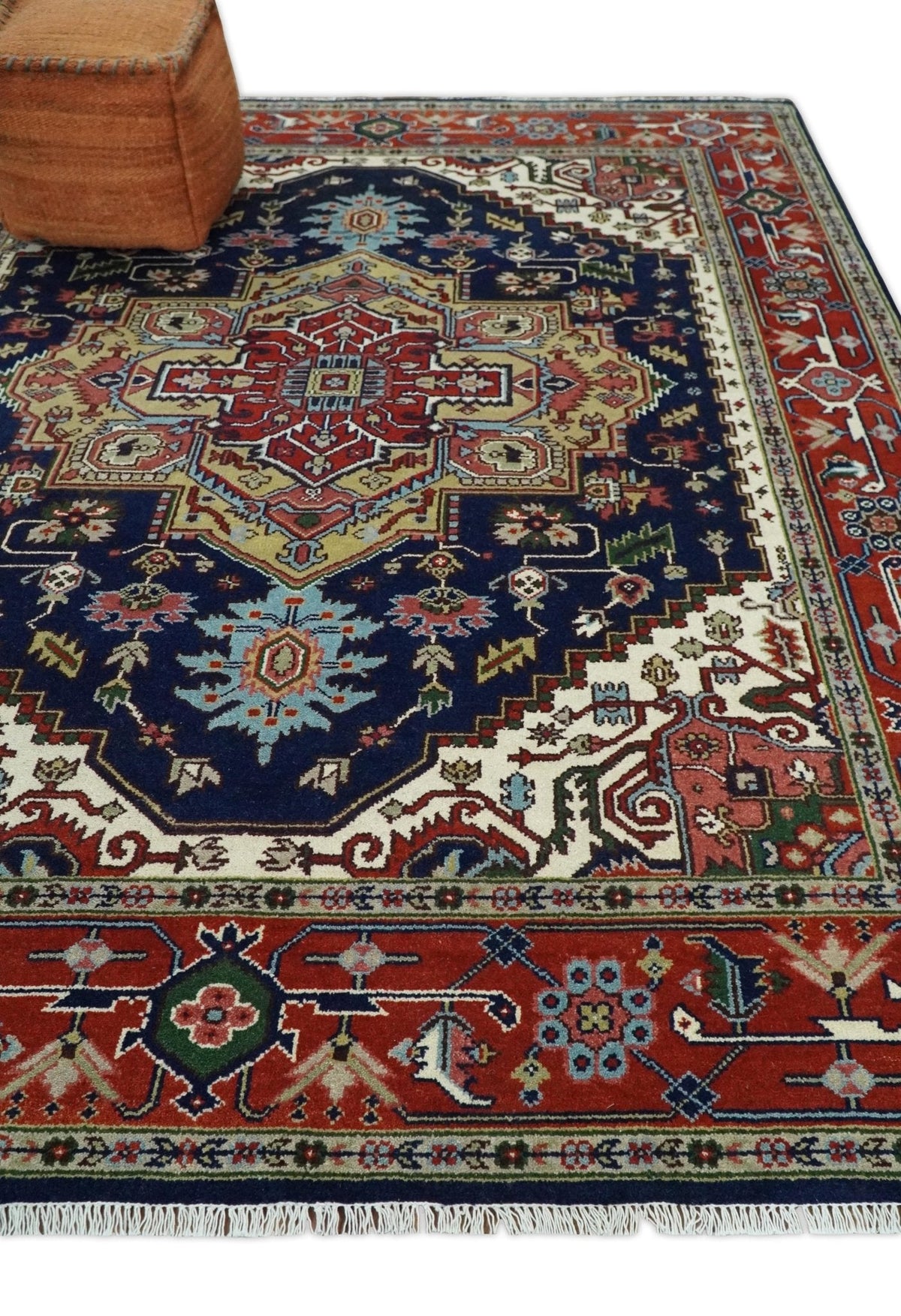 Custom Made Hand Knotted Multi Size Large Olive, Blue, Ivory and Rust Traditional Wool Rug.