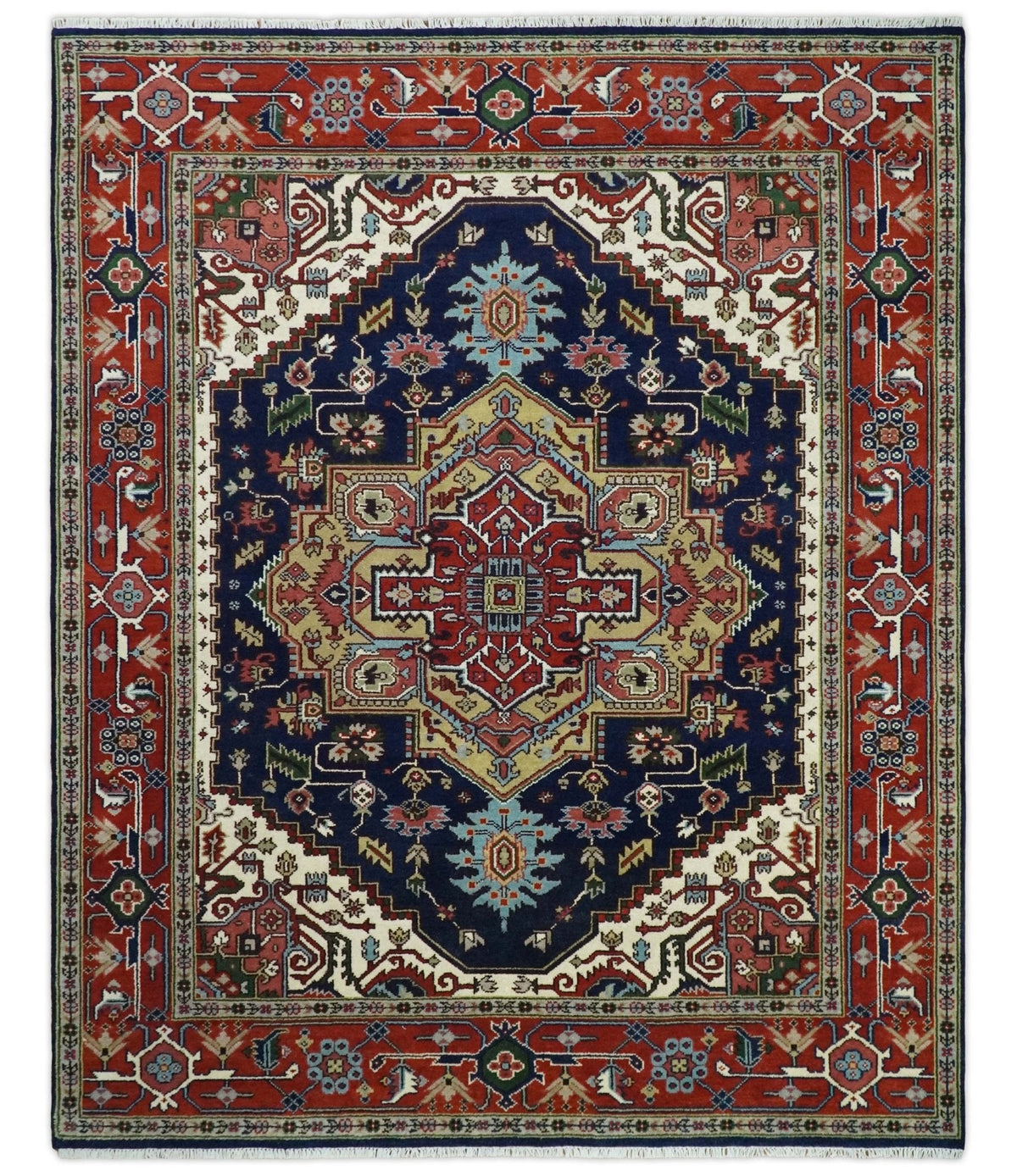 Custom Made Hand Knotted Multi Size Large Olive, Blue, Ivory and Rust Traditional Wool Rug.