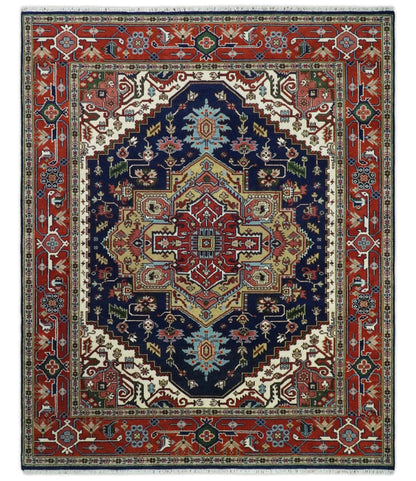 Custom Made Hand Knotted Multi Size Large Olive, Blue, Ivory and Rust Traditional Wool Rug.