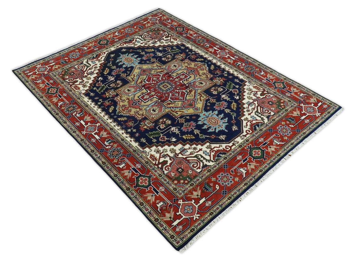 Custom Made Hand Knotted Multi Size Large Olive, Blue, Ivory and Rust Traditional Wool Rug.
