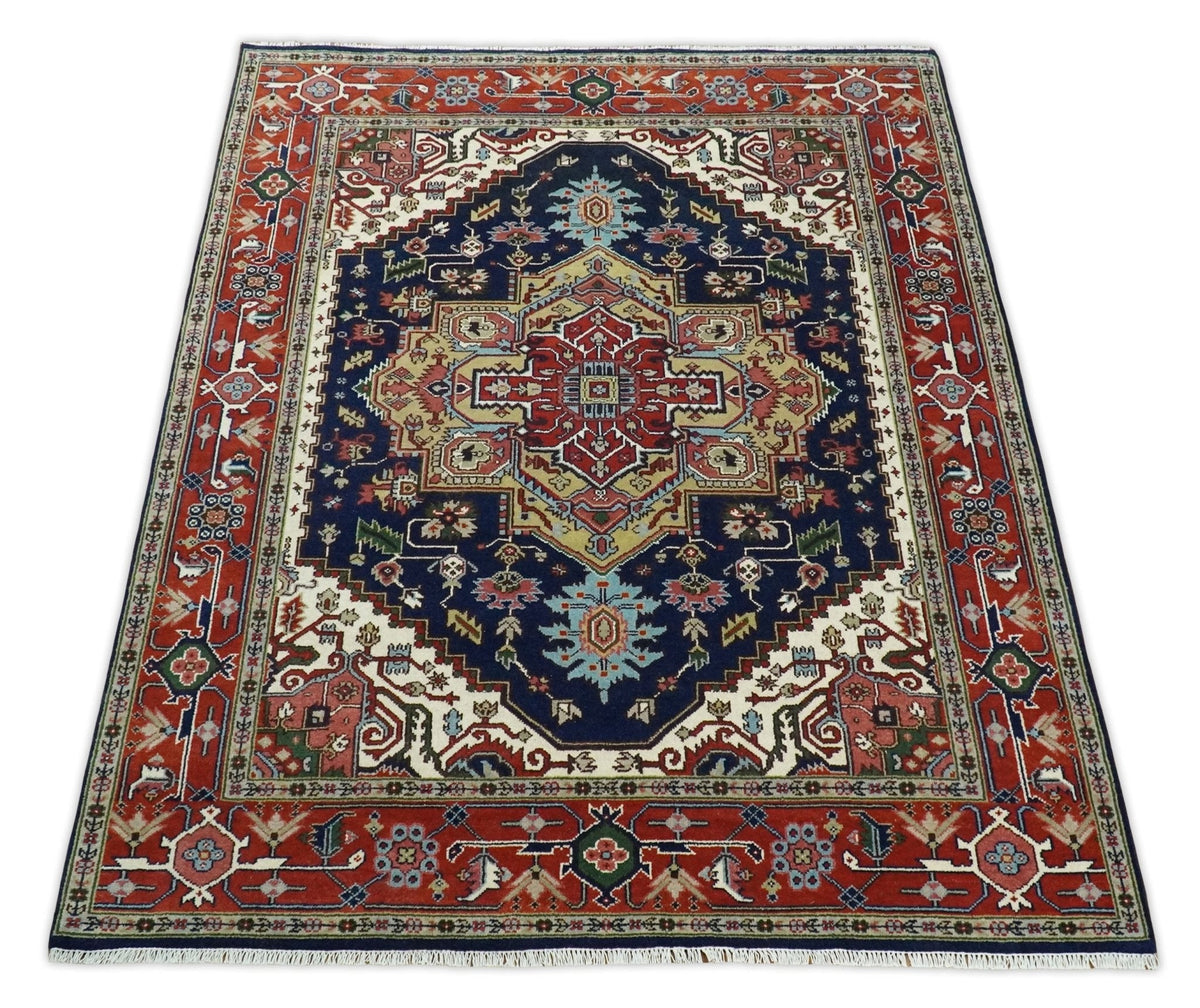 Custom Made Hand Knotted Multi Size Large Olive, Blue, Ivory and Rust Traditional Wool Rug.