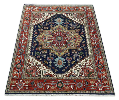 Custom Made Hand Knotted Multi Size Large Olive, Blue, Ivory and Rust Traditional Wool Rug.