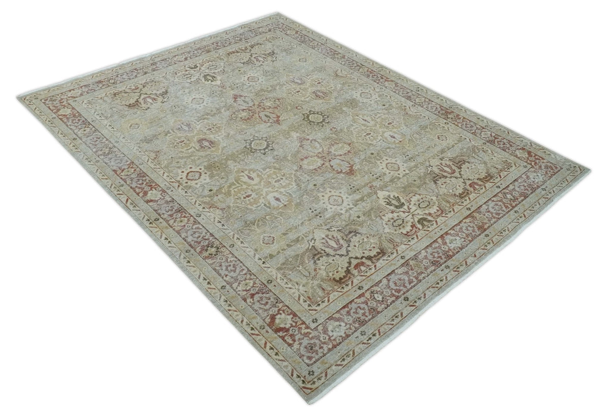 Custom Made Hand Knotted Olive and Rust Distressed Traditional Antique Look Wool Rug.