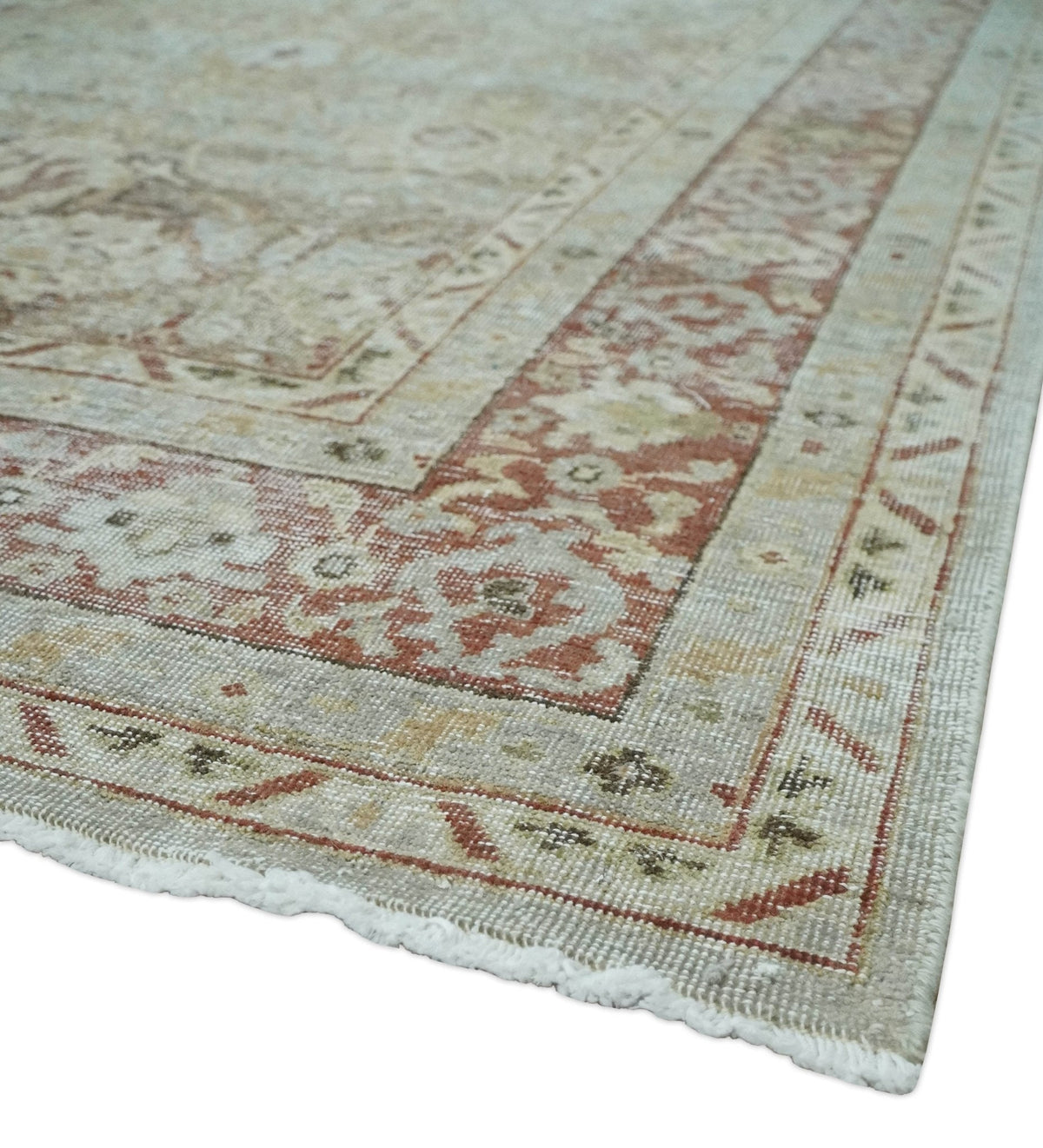 Custom Made Hand Knotted Olive and Rust Distressed Traditional Antique Look Wool Rug.