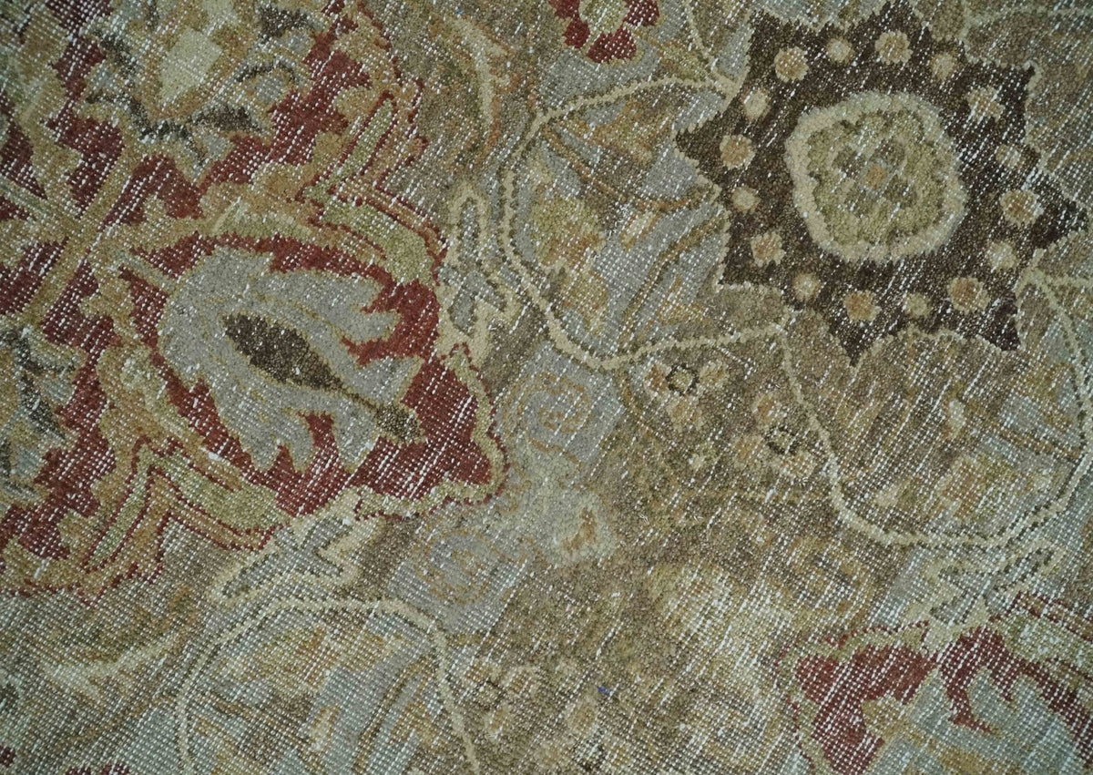 Custom Made Hand Knotted Olive and Rust Distressed Traditional Antique Look Wool Rug.