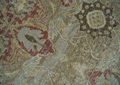 Custom Made Hand Knotted Olive and Rust Distressed Traditional Antique Look Wool Rug.