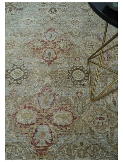 Custom Made Hand Knotted Olive and Rust Distressed Traditional Antique Look Wool Rug.