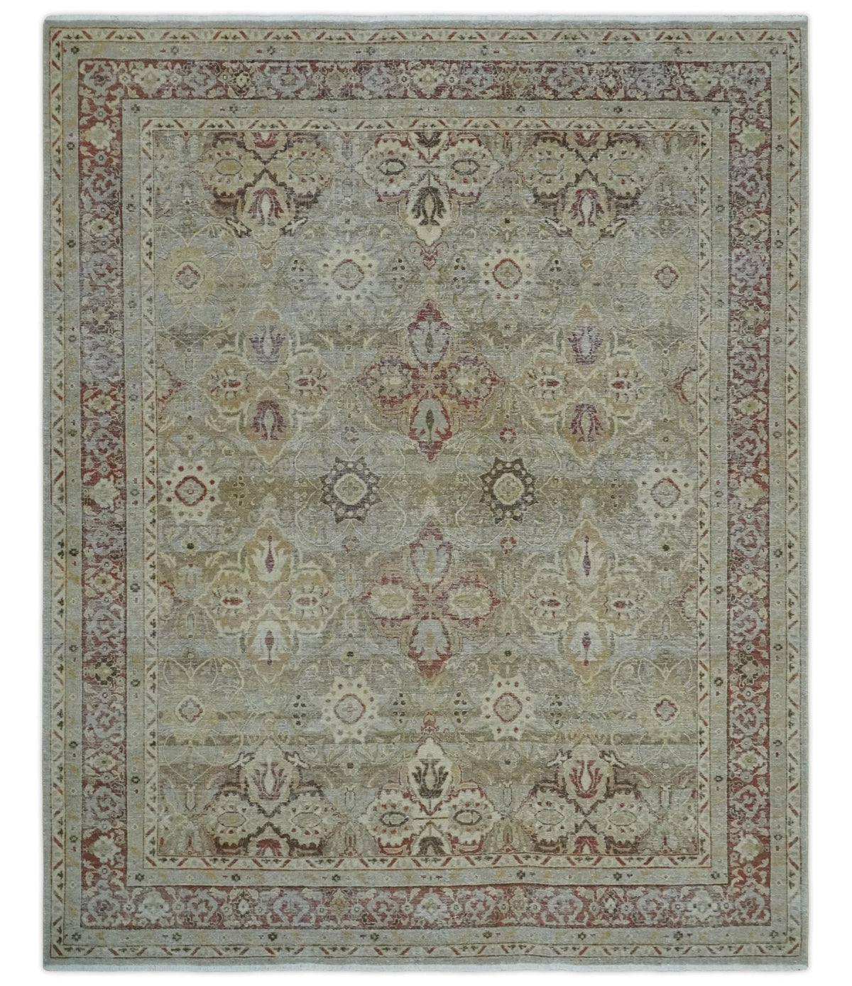 Custom Made Hand Knotted Olive and Rust Distressed Traditional Antique Look Wool Rug.