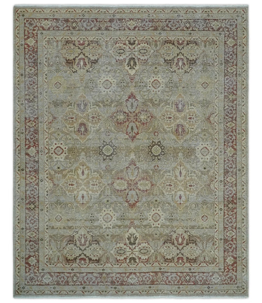 Custom Made Hand Knotted Olive and Rust Distressed Traditional Antique Look Wool Rug.