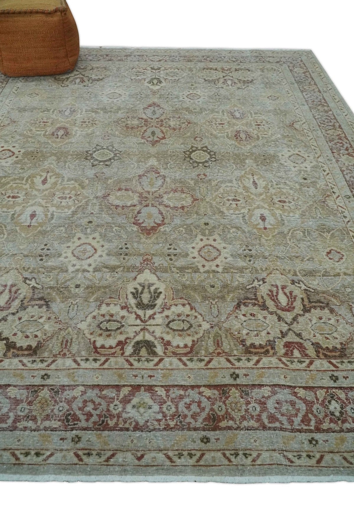 Custom Made Hand Knotted Olive and Rust Distressed Traditional Antique Look Wool Rug.