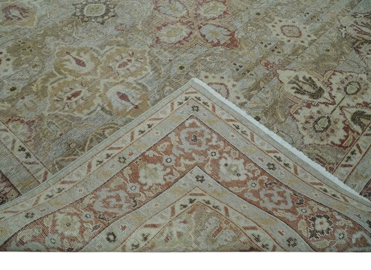 Custom Made Hand Knotted Olive and Rust Distressed Traditional Antique Look Wool Rug.