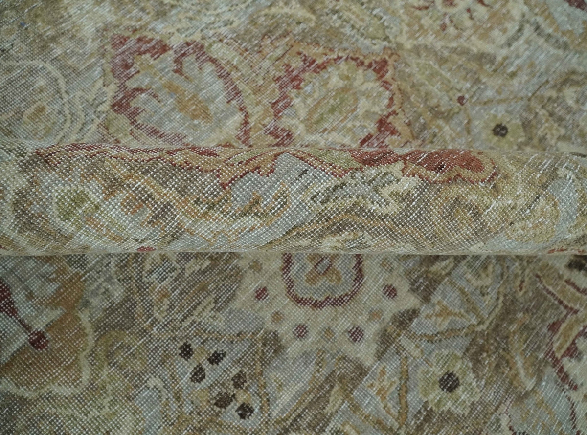 Custom Made Hand Knotted Olive and Rust Distressed Traditional Antique Look Wool Rug.
