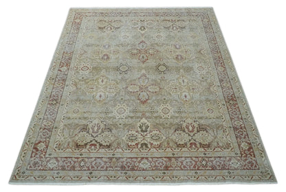 Custom Made Hand Knotted Olive and Rust Distressed Traditional Antique Look Wool Rug.