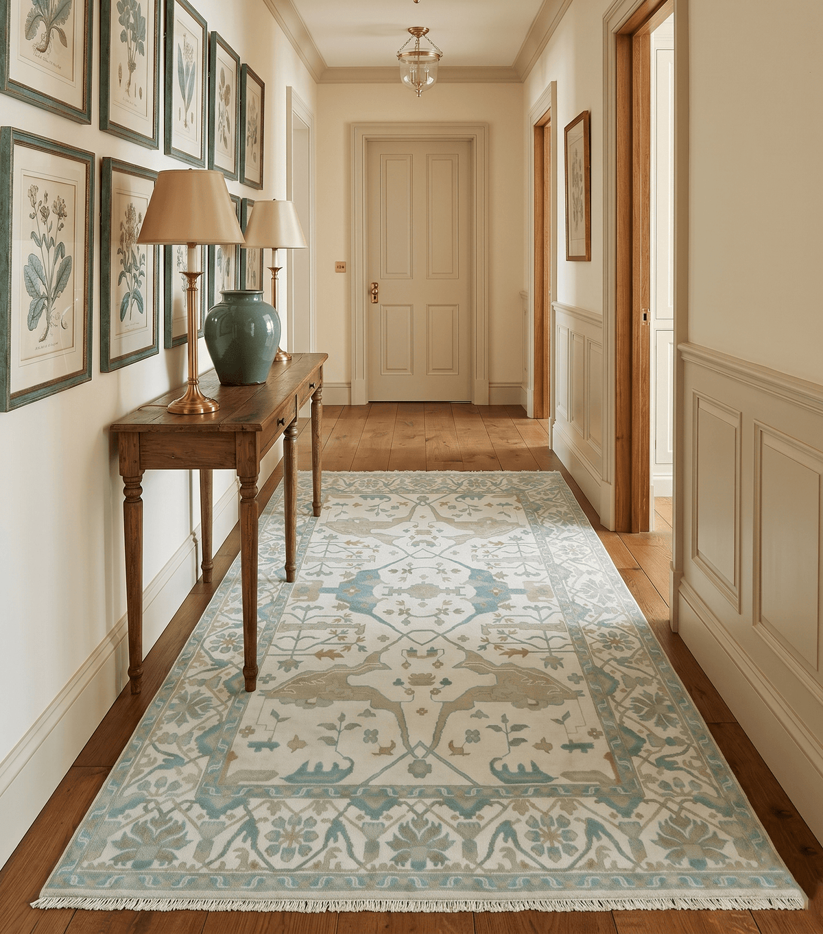 Custom Made Hand Knotted Oriental Oushak Ivory and Blue Wool Area Rug.