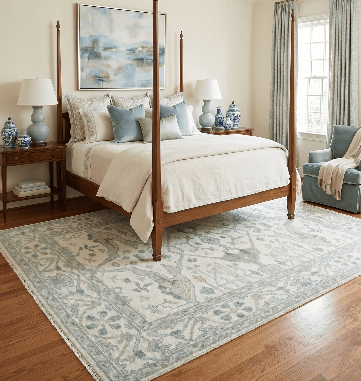Custom Made Hand Knotted Oriental Oushak Ivory and Teal Wool Area Rug.