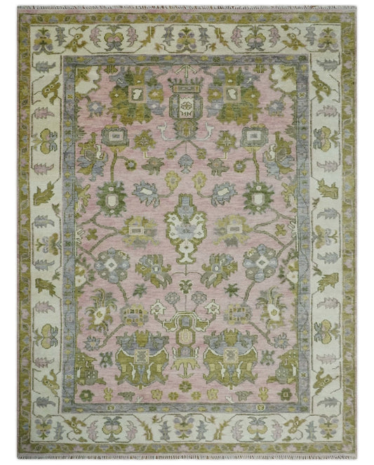 Custom Made Hand Knotted Peach, Ivory and Olive Traditional Style Wool Area Rug.