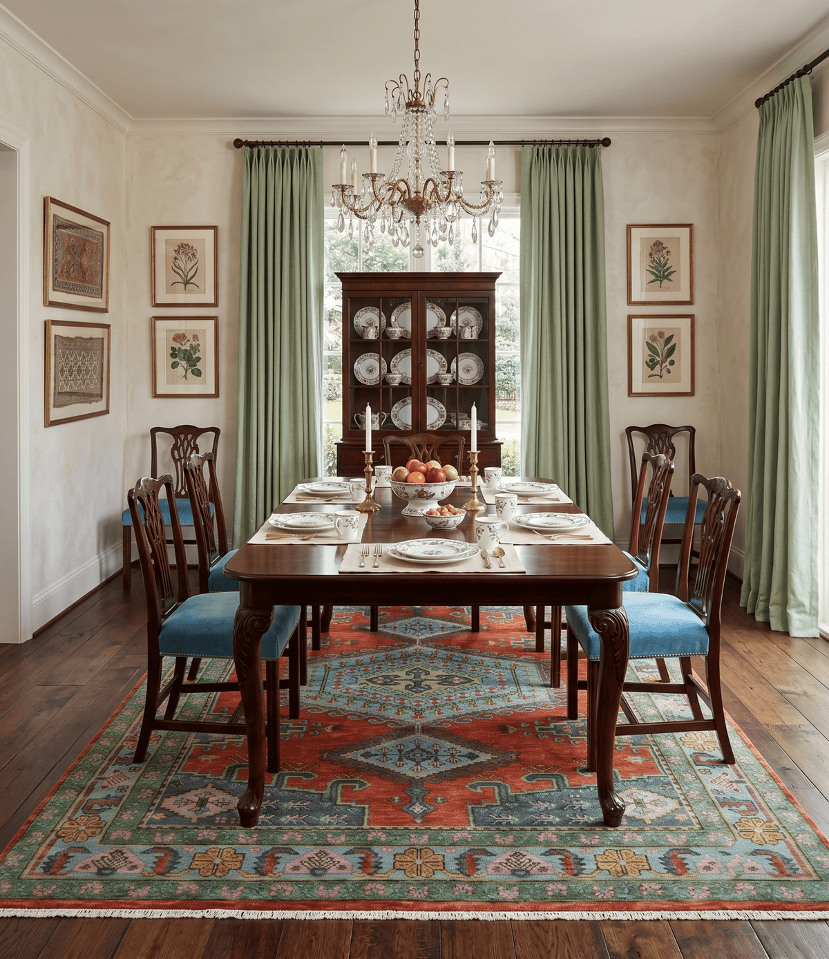 Custom Made Hand Knotted Red, Blue and Olive Traditional Antique Style Wool Rug.