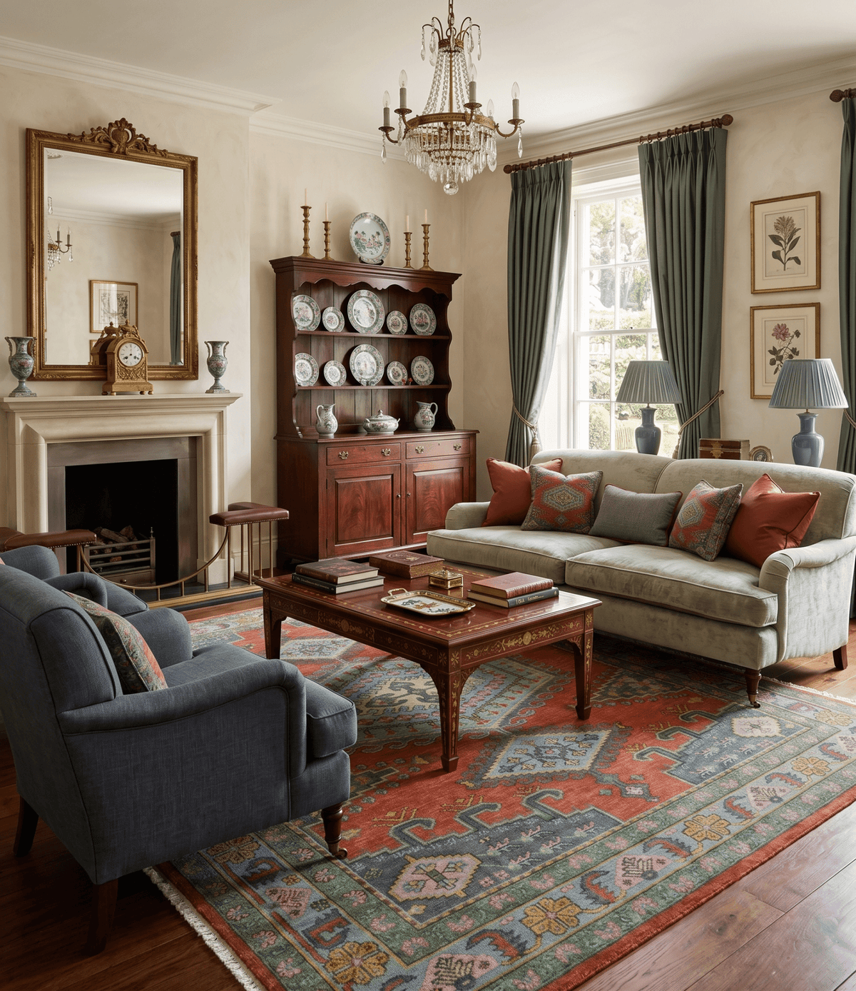 Custom Made Hand Knotted Red, Blue and Olive Traditional Antique Style Wool Rug.