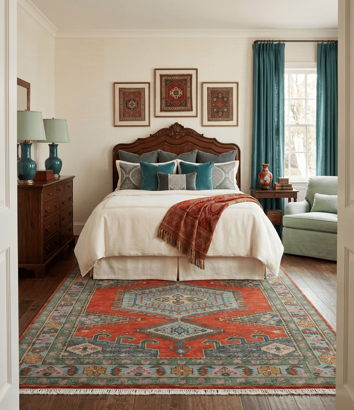 Custom Made Hand Knotted Red, Blue and Olive Traditional Antique Style Wool Rug.