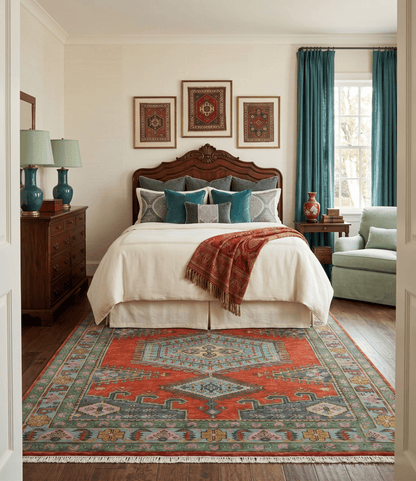Custom Made Hand Knotted Red, Blue and Olive Traditional Antique Style Wool Rug.