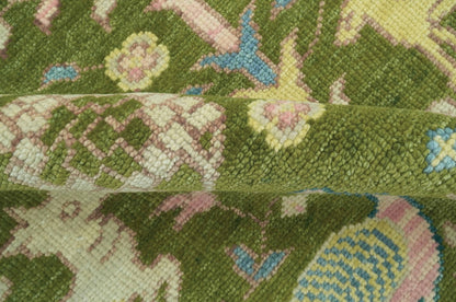 Custom Made Hand Knotted Round Peacock Green Wool Rug.