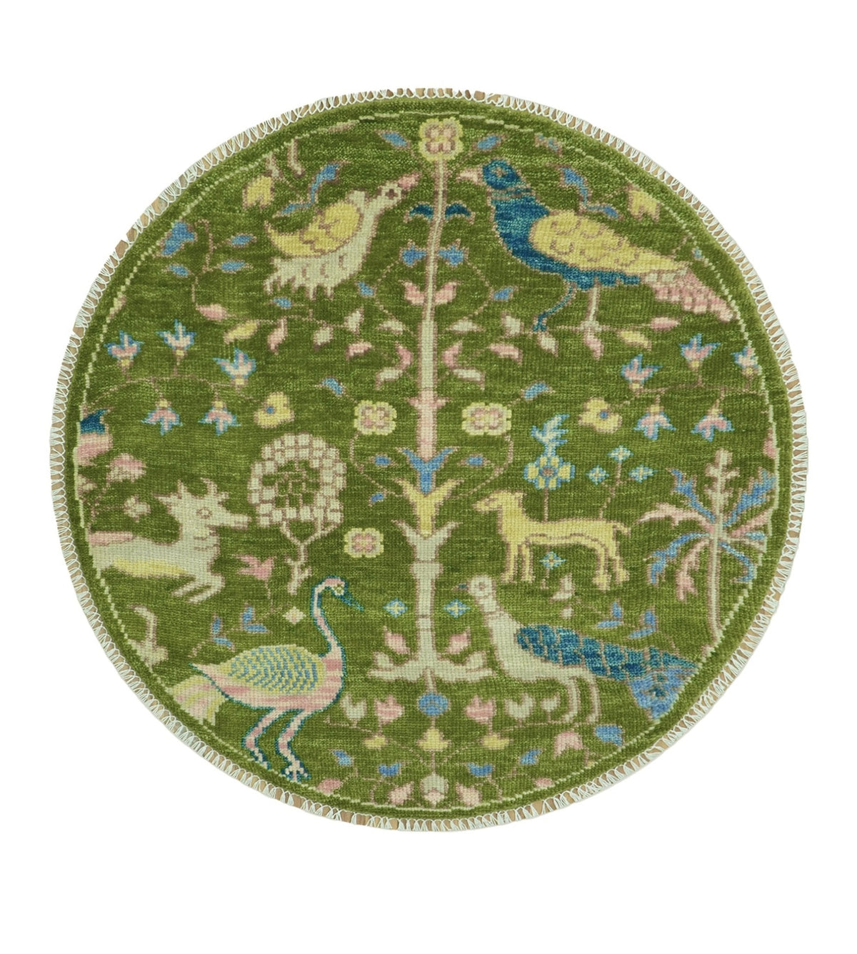 Custom Made Hand Knotted Round Peacock Green Wool Rug.