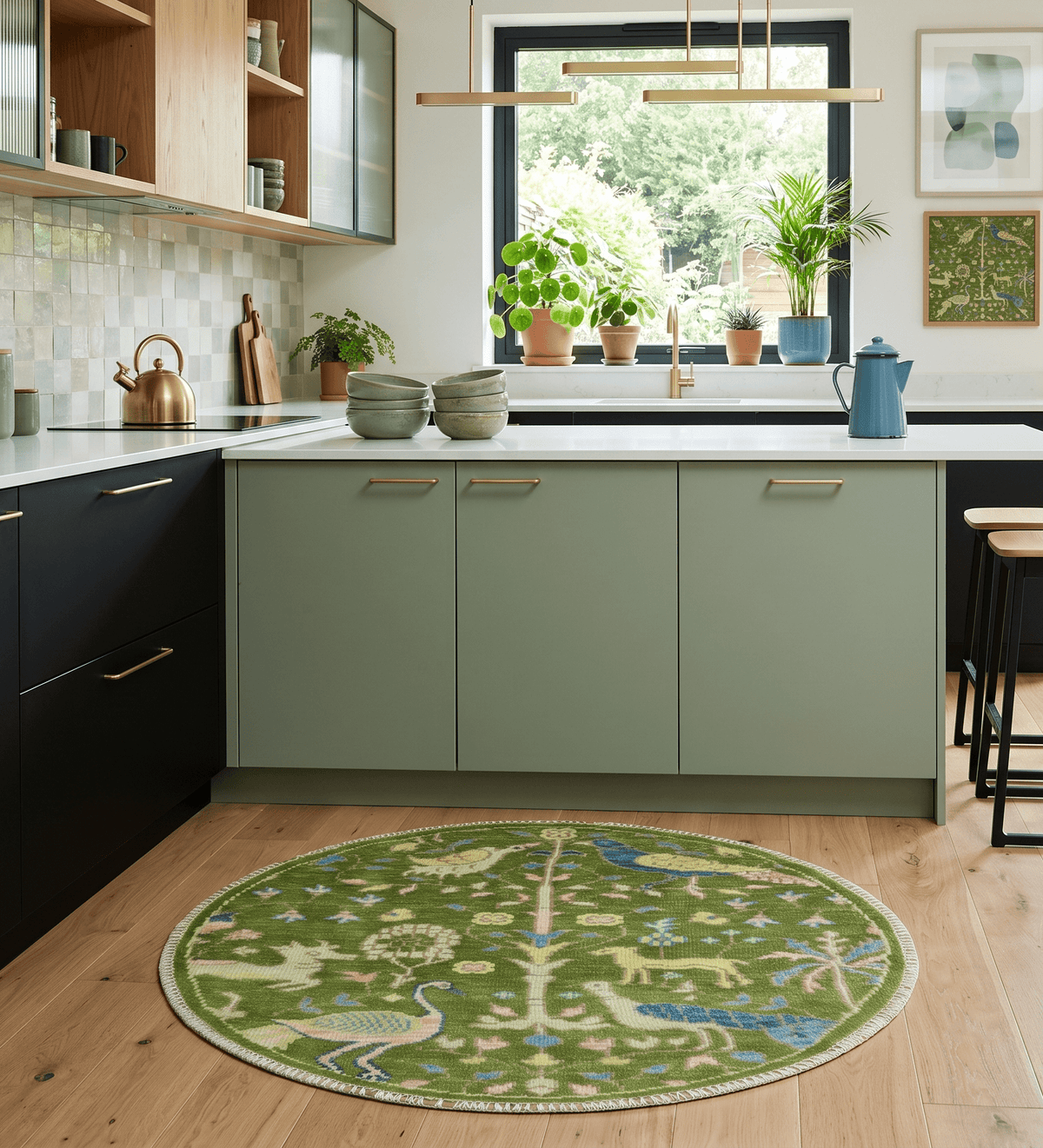 Custom Made Hand Knotted Round Peacock Green Wool Rug.