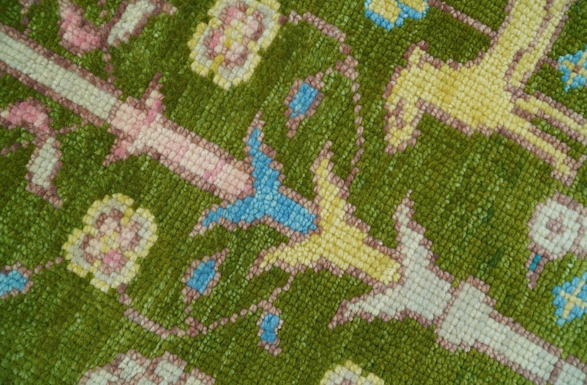 Custom Made Hand Knotted Round Peacock Green Wool Rug.